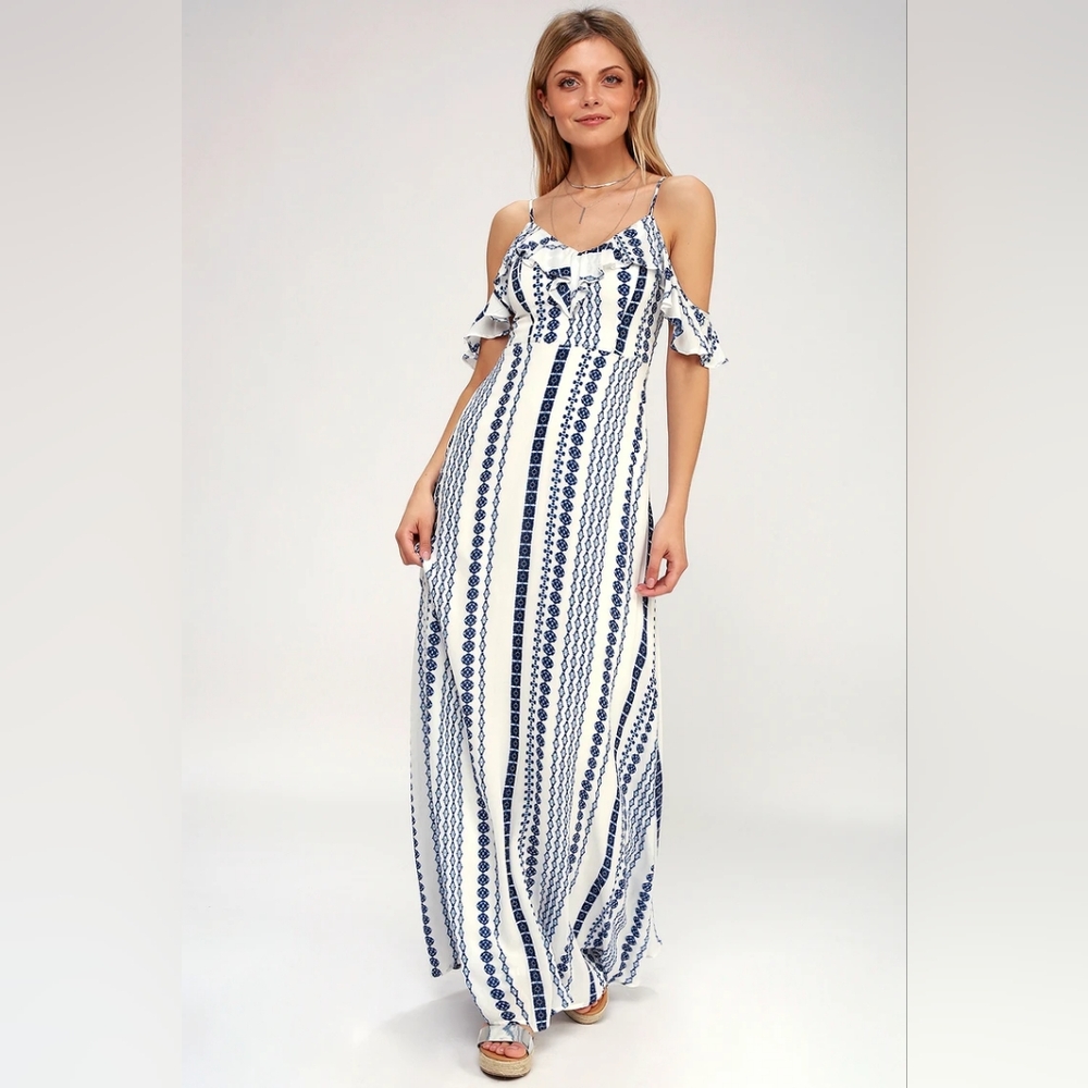 NWT Brescia Blue and White Print Off-the-Shoulder Maxi Dress - Medium